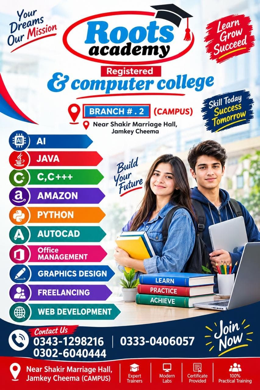Computer college courses — Jamke Cheema campus — Roots Academy of Sciences Daska